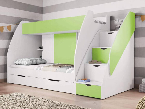 Bunk Beds , 2 x New Bonnel Mattress Included With Drawers & Storage In Green